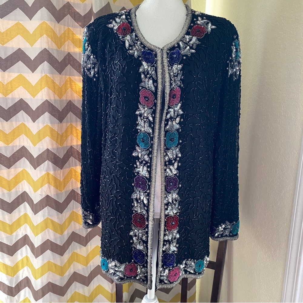 CARINA Vintage 80s Jacket 100% Silk Black Sequins Jacket Sz XL